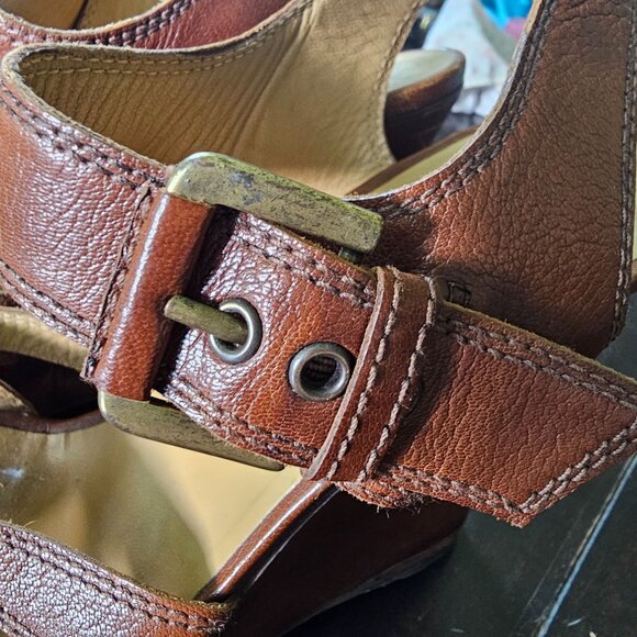 Brown Leather Wedge Sandals Adjustable Strap Peep-Toe Design For Women Sz 9.5 - Picture 5 of 11